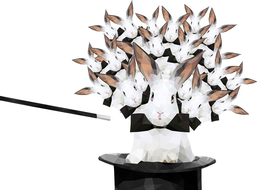 Polyspline rabbits multiplying out of magician's hat